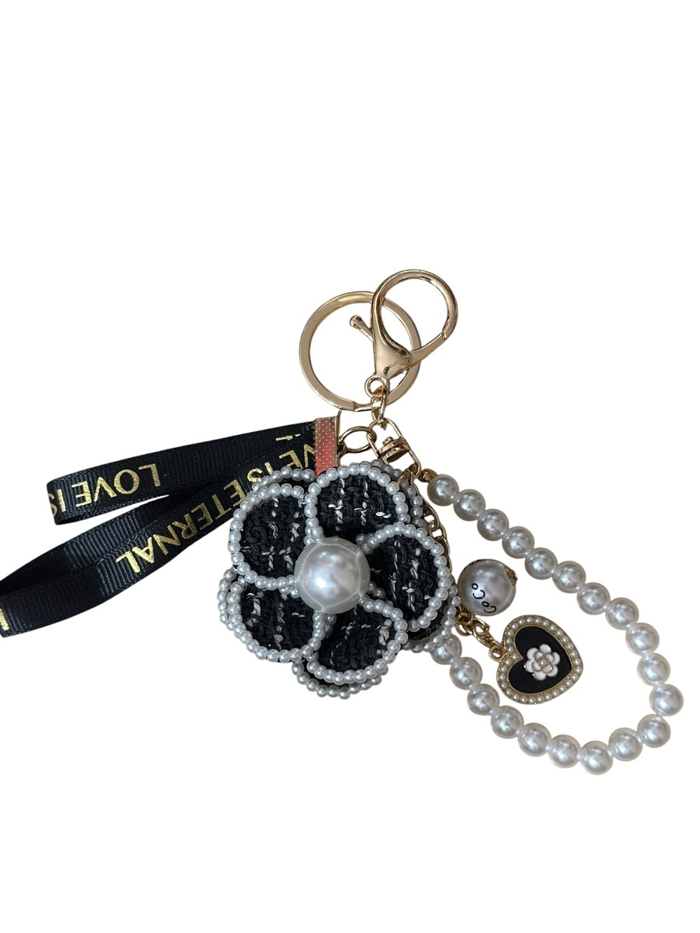 Love Is Eternal Black Pearl Flower Keychain Charm